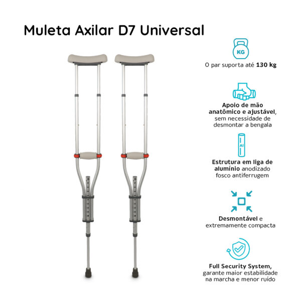 Muleta Axilar de Alumínio com Regulagem de Altura até 65 Kg D7 Dellamed - Image 6